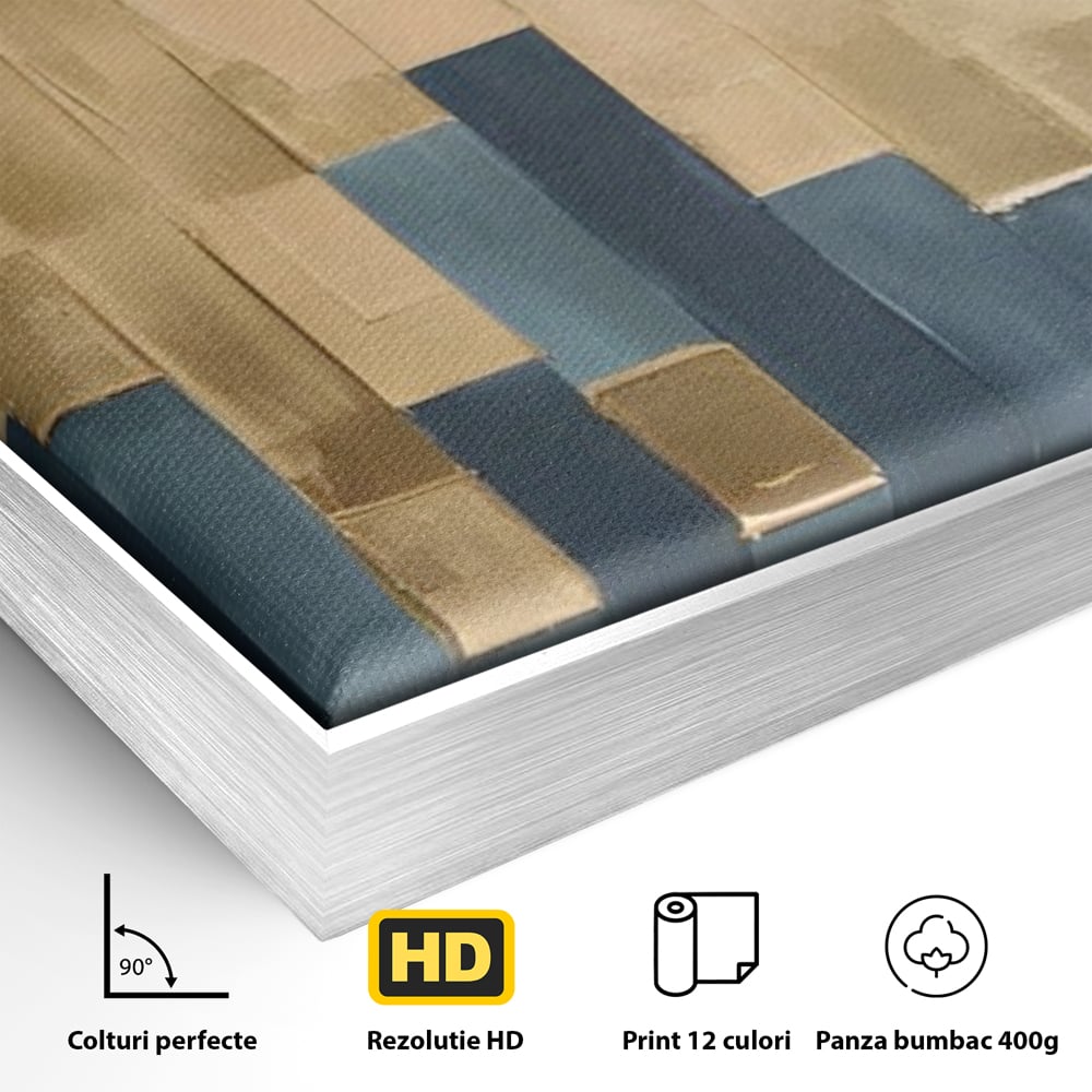 Detaliu al suprafetei: tablou abstract cu benzi verticale aurii si albastre, in rama de aluminiu argintiu